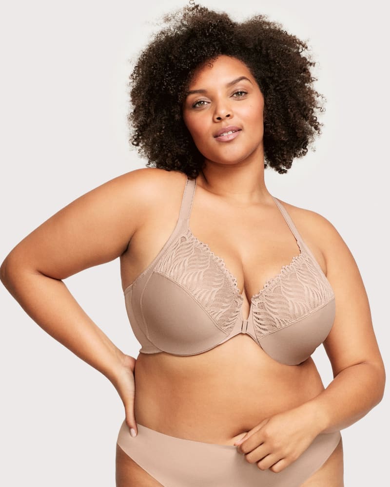 Front of a model wearing a size 48D Front-Closure T-Back WonderWire Bra in Cafe by Glamorise. | dia_product_style_image_id:262714